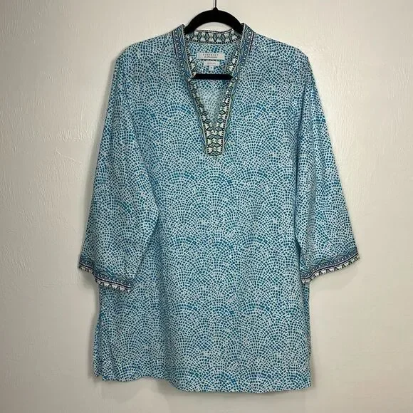 Foxcroft Border Trim Cotton Wrinkle Free Tunic Top In Lagoon Multi Size 18 - Picture 4 of 9